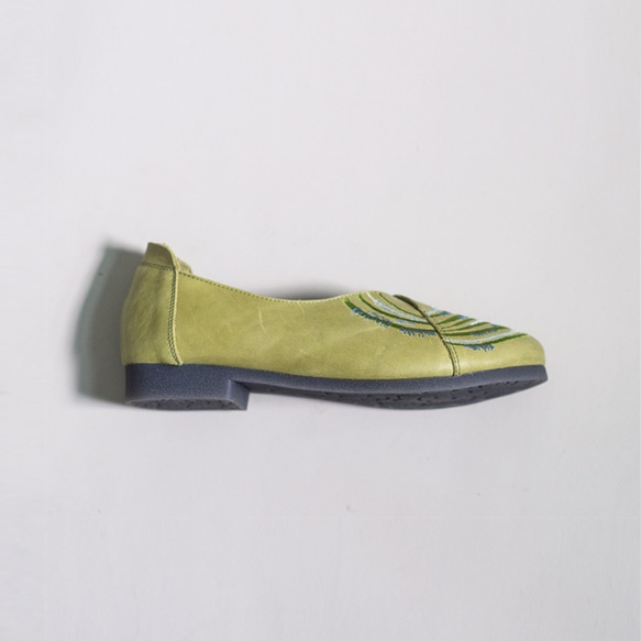 刺繍入り手作りフラット婦人靴-Gan Lezhong (グラスグリーン) 4枚目の画像