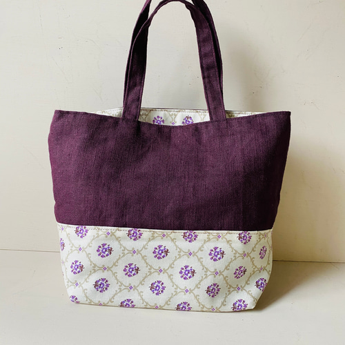 【ペイズリー柄】【トートバッグ】【巾着】【ハンドメイド】【パープル】【リボン】 リバーシブル 2way トートバッグ パープル×花柄 トートバッグ