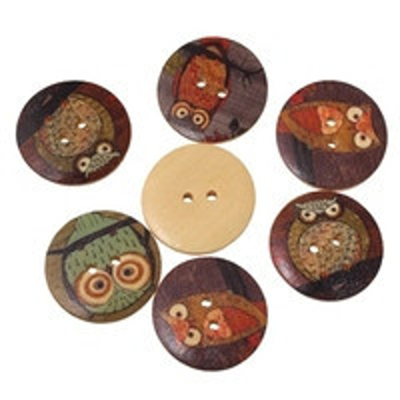 送料無料！【wood-button0254】木製ボタン4個（ナチュラル地＋ふくろうデザイン）３０ｍｍ 2枚目の画像