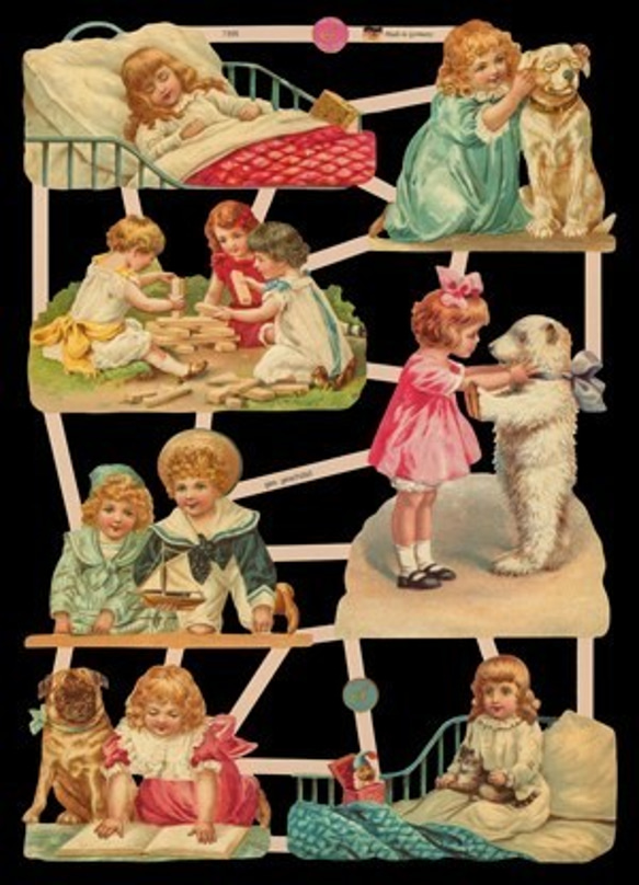 19世紀に生まれた紙細工　Germany　クロモス２枚set　くまと女の子＆花　395/434 2枚目の画像