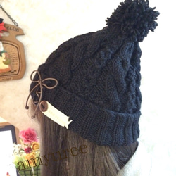 ハンドメイド 手編み帽子 ニットキャップ クシュクシュゆるかわ お花の