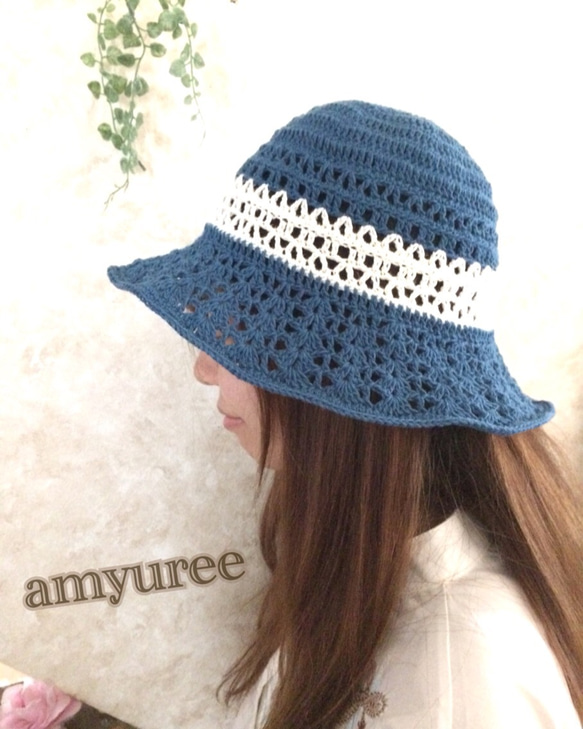 【送料無料】夏リゾート☆コバルトブルーにホワイト爽やか麻リネン帽子 2枚目の画像