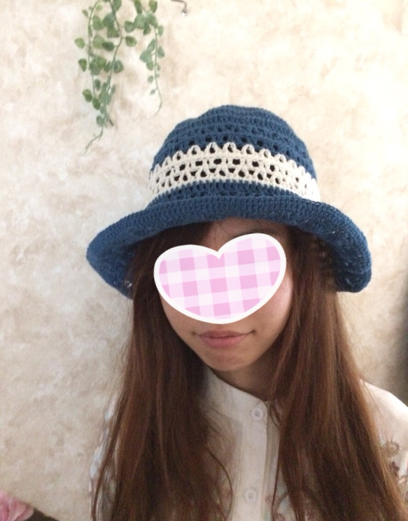 【送料無料】夏リゾート☆コバルトブルーにホワイト爽やか麻リネン帽子 3枚目の画像