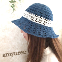 【送料無料】夏リゾート☆マンゴー色にホワイト爽やか麻リネン帽子 4枚目の画像