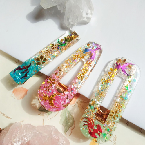 レジンヘアクリップ 3点セット ～瑞兆～ 一点ものです ヘアクリップ 