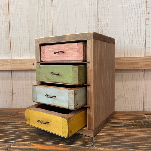 ○4段引き出しボックス○木製 小物入れ アンティーク風 古材風 木箱 