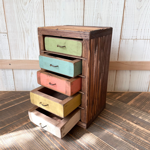 送料無料○5段引き出しボックス○オイル塗装 木製 小物入れ