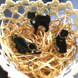 キラキラ⭐️　　あんぱん＆猫 キラキラぷっくり 黒猫金ラメ ピアスorマグネット3点セット