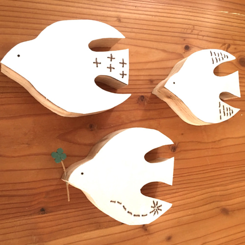 チビ鳥3＊ウッド&レザーオーナメント ウォールデコ タペストリー 