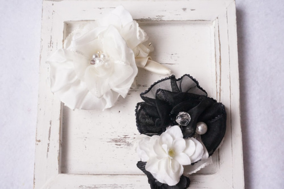 [Creema限定幸運袋2019]白色和黑色絲帶胸花 第1張的照片