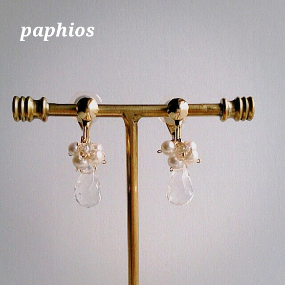 [18Kｺｰﾃｨﾝｸﾞ]quartz＆pearl earrings 1枚目の画像