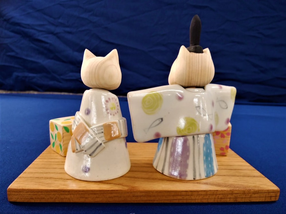 ネコ雛人形　大　木彫り(頭)陶器(体)　 5枚目の画像
