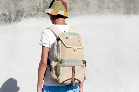 Hemp Bag 限量手工Fairtrade棉麻拼接設計後背包 / 肩背包 / 民族登山包 - 草地綠自然色後背包 第1張的照片