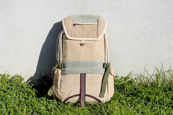 Hemp Bag 限量手工Fairtrade棉麻拼接設計後背包 / 肩背包 / 民族登山包 - 草地綠自然色後背包 第10張的照片