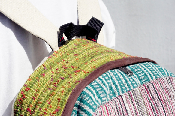 hemp bag限量一件 手工棉麻拼接設計後背包 / 肩背包 / 民族登山包 / 拼布包 - 繽紛對比色幾何民族後背包 第5張的照片