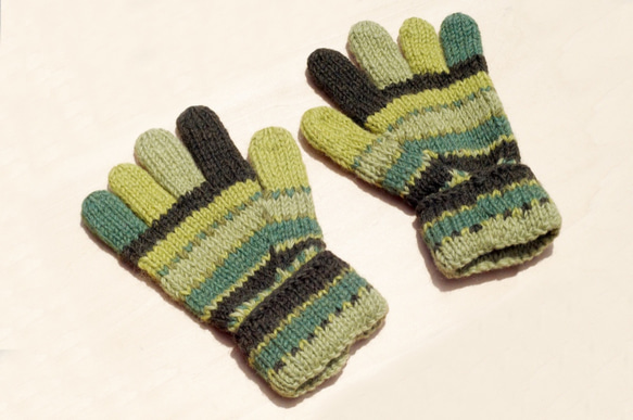 聖誕節禮物 手工限量針織純羊毛保暖手套 / 針織手套 / 全指手套 / wool gloves - 東歐草地綠條紋 第2張的照片