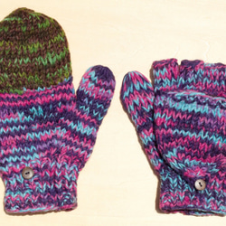 聖誕節禮物 限量一件針織純羊毛保暖手套 / 2ways手套 / 露趾手套 / 內刷毛手套 / 針織手套 - 混色漸層藍紫 第1張的照片