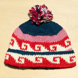 wool hat 手工編織純羊毛帽/ 編織帽 / 針織毛帽 / 內刷毛手織毛帽 / 毛線帽 - 海浪圖騰對比色 第1張的照片
