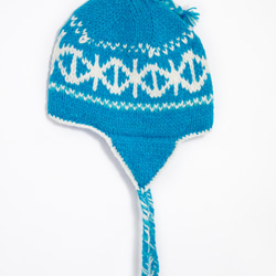 ピュアウール手編みのウールの帽子キャップ/フライトキャップ/編みキャップ/ハンドメイドキャップ/ウールキャップ - ブルースカイ 2枚目の画像