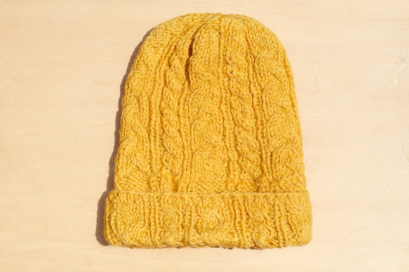 wool hat手工編織純羊毛帽/ 編織帽 / 針織毛帽 / 內刷毛手織毛帽 / 毛線帽 - 麻花陽光黃yellow 第1張的照片