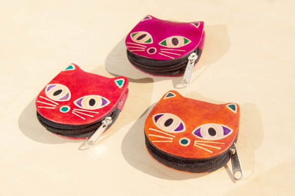 手作りスエード財布/手塗りのスタイルの革財布 - 森の風の猫（トライカラーピック）シャンティ革の猫 2枚目の画像