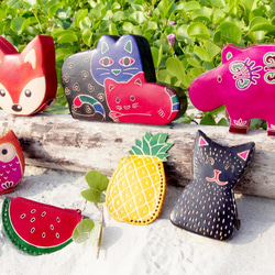 手作りスエード財布/手塗りのスタイルの革財布 - 森の風の猫（トライカラーピック）シャンティ革の猫 8枚目の画像