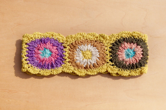 手工棉線編織髮帶 / 編織繽紛髮帶 - 陽光黃色系 鉤織繽紛花朵 ( 手工限量一件 )cotton headband 第6張的照片