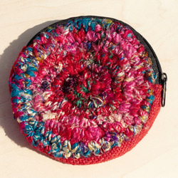 手編みラウンド財布/収納袋/化粧品袋/破片バッグ - 赤の綿のサリー+ハンドツイスト線（左残っている/右） 3枚目の画像