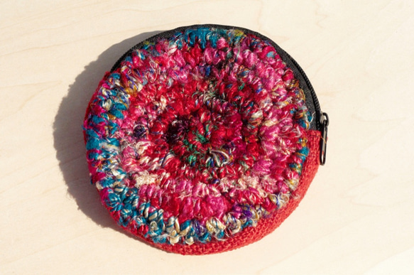 手編みラウンド財布/収納袋/化粧品袋/破片バッグ - 赤の綿のサリー+ハンドツイスト線（左残っている/右） 3枚目の画像