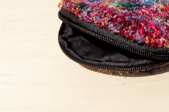 手編みラウンド財布/収納袋/化粧品袋/破片バッグ - 赤の綿のサリー+ハンドツイスト線（左残りの色） 7枚目の画像
