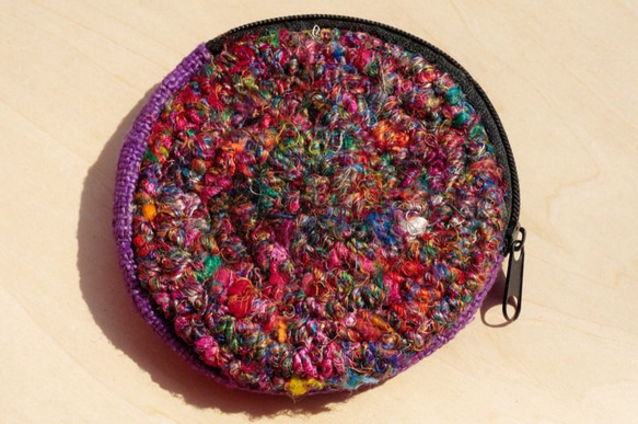 限量一件 手工鉤針編織圓形零錢包 / 收納包 / 化妝包 / 雜物包 - 紫色棉麻 + 手捻紗麗線 woven bag 第2張的照片