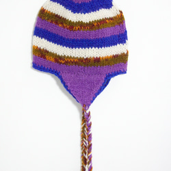 手工編織純羊毛帽 / 手工內刷毛毛帽 / 針織毛帽 / 毛線帽 / 飛行毛帽 - 藍紫色條紋 ( 手工限量一件 ) 第2張的照片