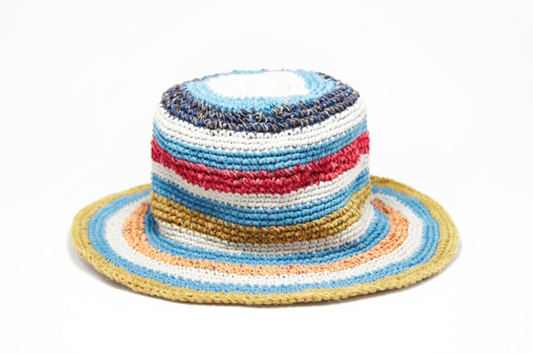手織りコットンキャップ/ニットキャップ/帽子/バイザー/帽子 - マジックブルースカラフルなストライプフェアトレード麻の帽子 1枚目の画像