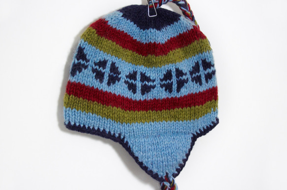 手工編織純羊毛帽/飛行毛帽 / 針織帽 / 毛線帽 - 藍色系圖騰 fairtrade ethnic wool hat 第2張的照片