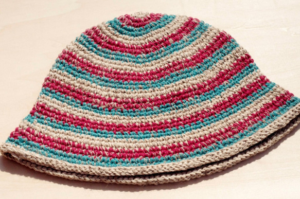 限定ワンピース手編み帽子/手編み綿とリネン帽子/手編みバケット帽子-赤と緑のストライプのフェアトレード麻の帽子 2枚目の画像
