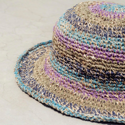 限量一件 手工編織棉麻帽/編織帽/漁夫帽/遮陽帽/草帽/草編帽 - 藍紫森林色繽紛條紋 第8張的照片