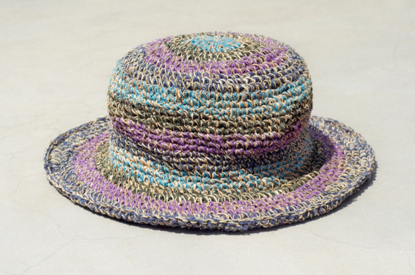 限量一件 手工編織棉麻帽/編織帽/漁夫帽/遮陽帽/草帽 - 藍紫森林色繽紛條紋 ethnic hemp hat 第4張的照片