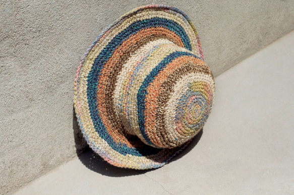 限量一件 手工編織棉麻帽/編織帽/漁夫帽/遮陽帽/草帽 - 藍色森林色繽紛條紋 ethnic hemp hat 第2張的照片