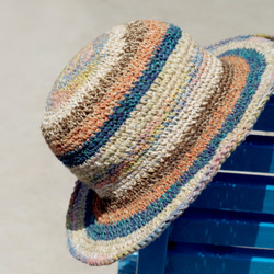 限量一件 手工編織棉麻帽/編織帽/漁夫帽/遮陽帽/草帽 - 藍色森林色繽紛條紋 ethnic hemp hat 第3張的照片