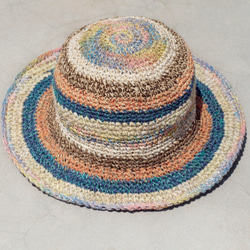 限量一件 手工編織棉麻帽/編織帽/漁夫帽/遮陽帽/草帽 - 藍色森林色繽紛條紋 ethnic hemp hat 第4張的照片