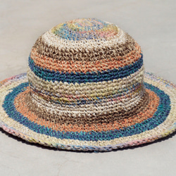 限量一件 手工編織棉麻帽/編織帽/漁夫帽/遮陽帽/草帽 - 藍色森林色繽紛條紋 ethnic hemp hat 第8張的照片