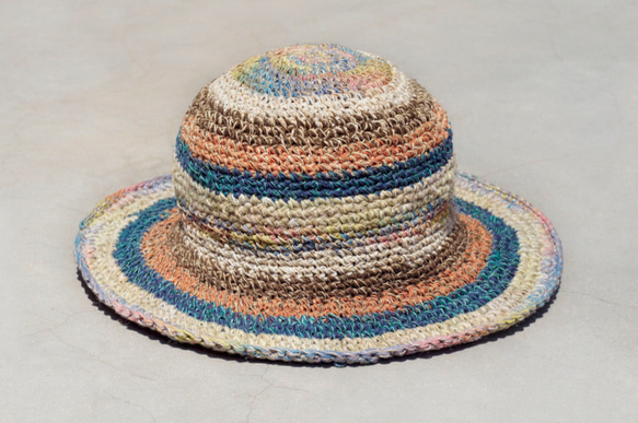 限量一件 手工編織棉麻帽/編織帽/漁夫帽/遮陽帽/草帽 - 藍色森林色繽紛條紋 ethnic hemp hat 第8張的照片