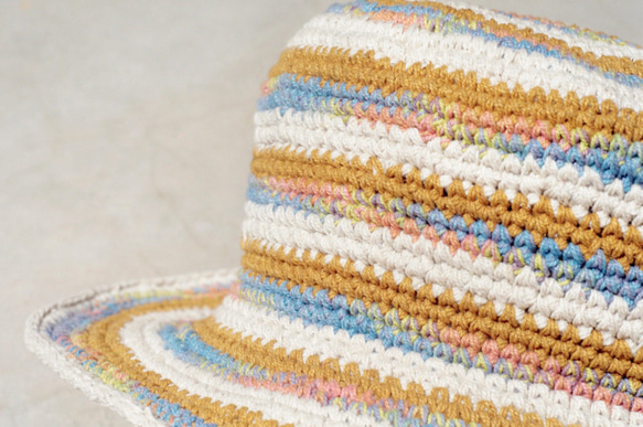 限量一件 手工編織棉麻帽/編織帽/漁夫帽/遮陽帽/草帽 - 陽光色條紋編織 ethnic hemp hat 第3張的照片