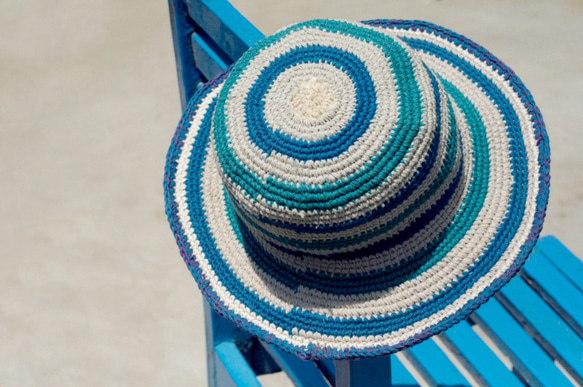 手織りコットンキャップ/ニットキャップ/帽子/バイザー/帽子の限定版 - 青い空のストライプは、フェアトレード麻の帽子を編みます 1枚目の画像
