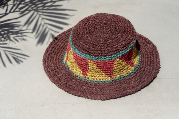手織りコットン麻の帽子/編まれた帽子/漁師の帽子/太陽の帽子/麦わら帽子チョコレート茶色の三角形の幾何学的な織りの民族の麻の帽子 4枚目の画像