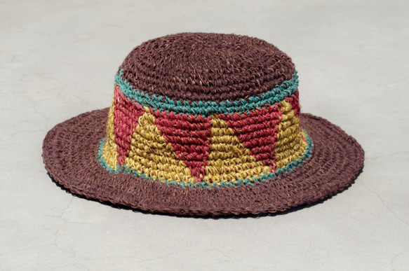 手織りコットン麻の帽子/編まれた帽子/漁師の帽子/太陽の帽子/麦わら帽子チョコレート茶色の三角形の幾何学的な織りの民族の麻の帽子 5枚目の画像