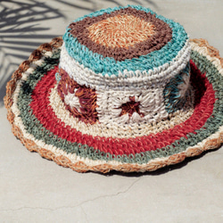 限量一件 手工編織棉麻帽/編織帽/漁夫帽/草帽 - 復古色漸層森林花朵編織 hemp flower hat 第2張的照片