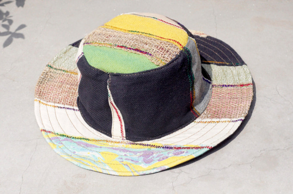 民族拼接手織棉麻帽 / 針織帽 / 漁夫帽 / 毛線帽 - 黃色渲染 + 手織棉麻 ( 限量一件 ) 第1張的照片