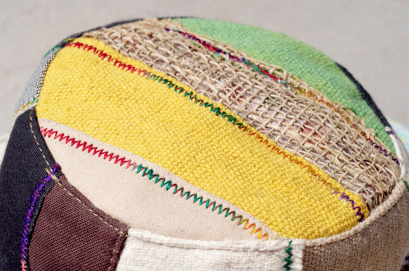 民族拼接手織棉麻帽 / 針織帽 / 漁夫帽 / 毛線帽 - 黃色渲染 + 手織棉麻 ( 限量一件 ) 第3張的照片