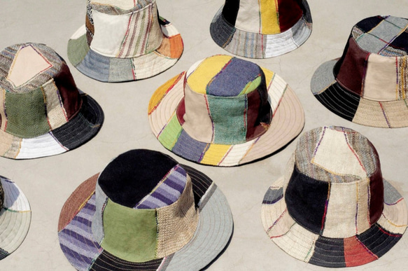 民族拼接手織棉麻帽 / 針織帽 / 漁夫帽 / 毛線帽 - 黃色渲染 + 手織棉麻 ( 限量一件 ) 第8張的照片